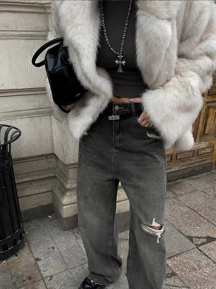 Aiertu  -  Women Fluffy Faux Fur Thick Coat 2026 Elegant Lapel Long Sleeves Short Overcoats Autumn Winter Chic Lady Street Warm Outerwear Aiertu