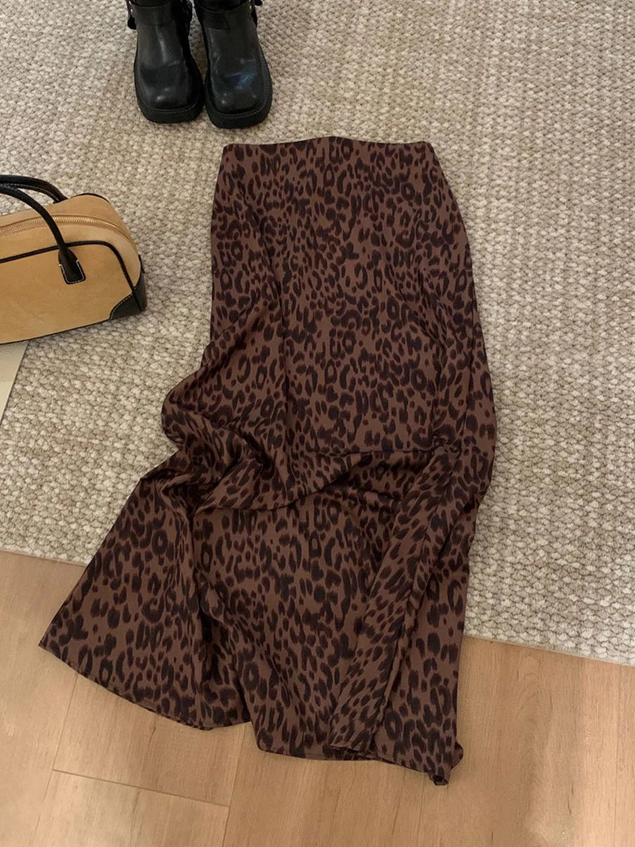 Aiertu  -  Vintage Leopard Draped Long Skirt Women Spring Summer High Waist Zipper A-line Fadas Bottom 2025 New Casual Fashion Midi Skirts Aiertu