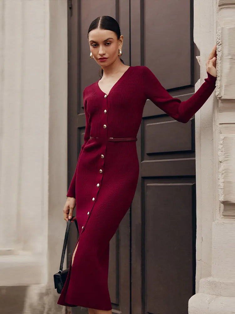 Aiertu  -  Elegant Ancora Red Knitted Bodycon Maxi Dresses Women V Neck Single Breasted High Waist Dress New Autumn Lady Commute Party Robe Aiertu