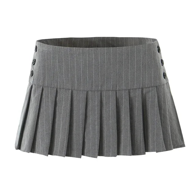 Aiertu  -  party look snspos Y2K Grey Striped Print Side 3 Buttons Pleated Mini Skirt Sexy Low Waist Short Skater Skirts Aiertu