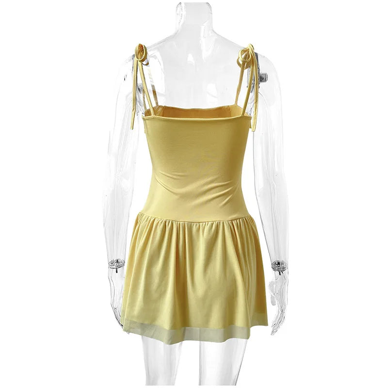 Aiertu  -  Summer Sleeveless Lace-up Backless Dress Women Elegant Pleat Mini Vestidos Casual Party Beachwear Yellow Ruffled Sling Chic Aiertu