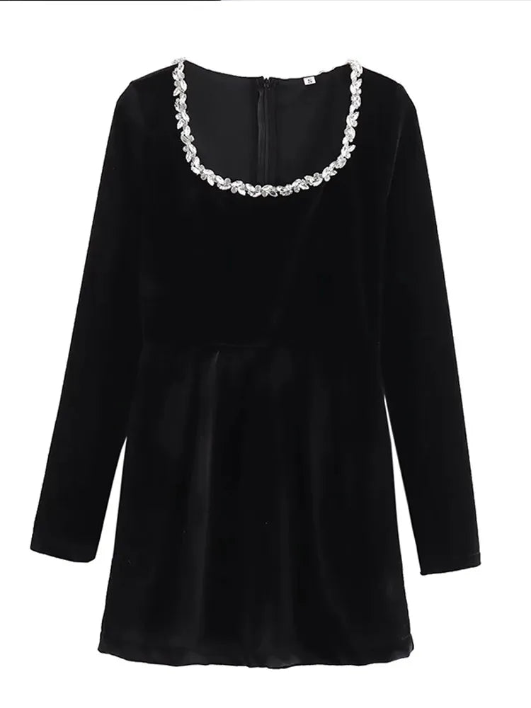 Aiertu  -  Velvet Long Sleeve Square Neck Mini Dresses Autumn Winter Fashion Women High Waist Short Gowns Elegant Lady Evening Party Dress Aiertu