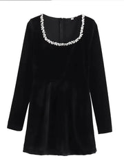 Aiertu  -  Velvet Long Sleeve Square Neck Mini Dresses Autumn Winter Fashion Women High Waist Short Gowns Elegant Lady Evening Party Dress Aiertu