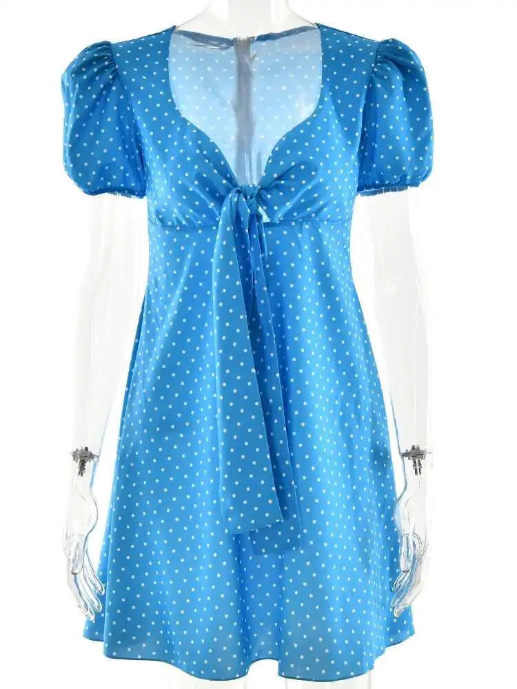 Aiertu  -  Summer New Print Polka Dot Zipper Women Dress Blue Short Sleeve V-neck Bandage Mini Dress Summer Slim Elegant Streetwear Aiertu