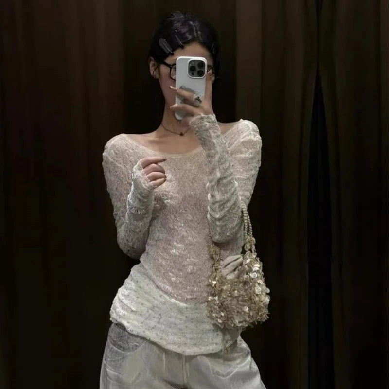 Aiertu  -  Y2k Aesthetic Sexy U Neck Backless Women Shirt 2025 White Diamond Streetwear Vintage Blouse Harajuku Fairy Bodycon Grunge Blusas Aiertu