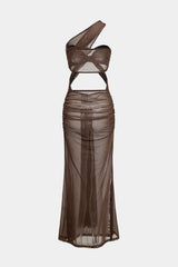 Aiertu  -Mesh Ruched Crossed Cut Out Backless Maxi Dress aiertu