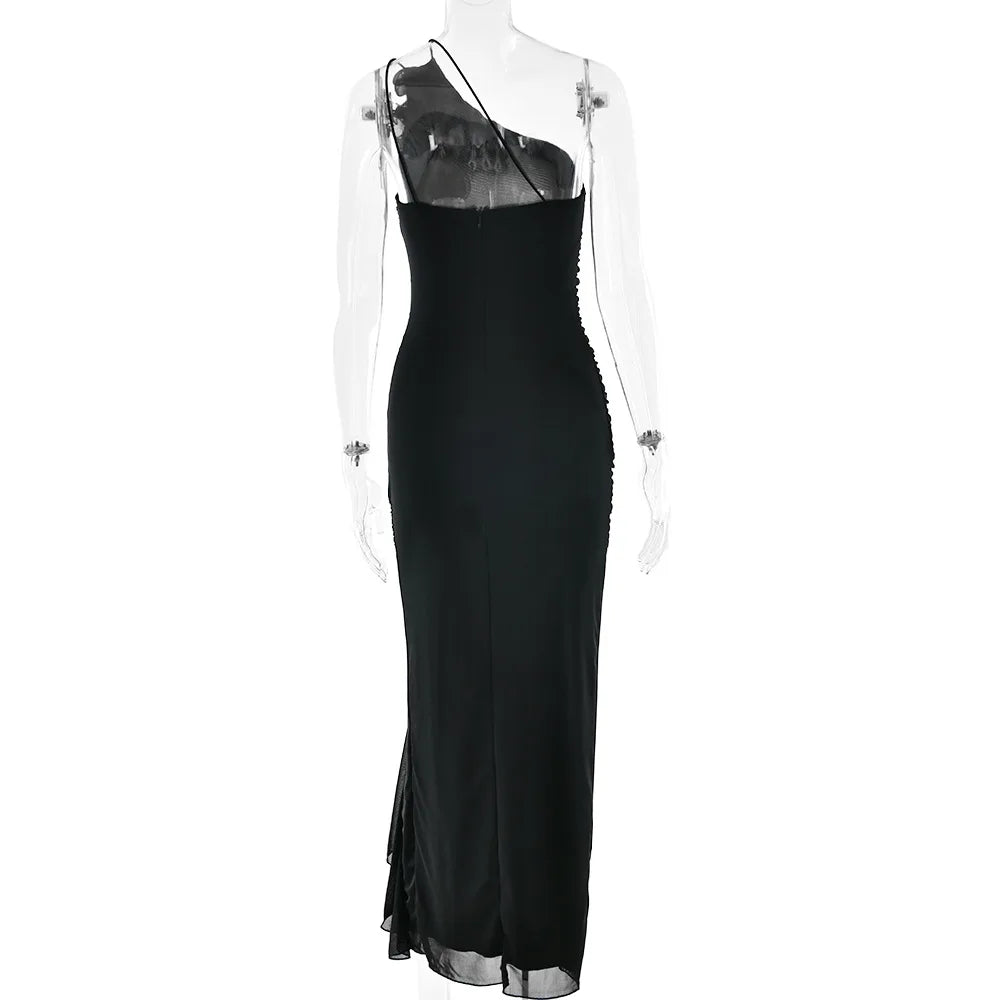 Aiertu  -  Chic Diagonal Collar Ruffles Asymmetrical Long Dress Women Summer One Shoulder Sleeveless Backless Split Vacation Party Dresses Aiertu