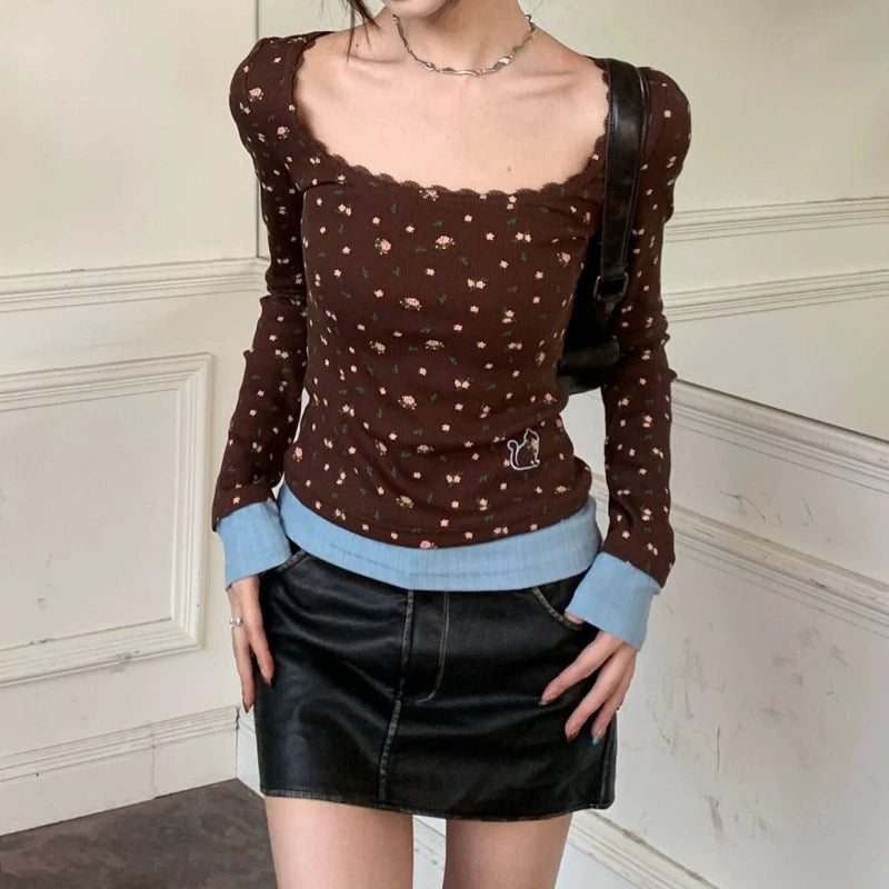 Aiertu  Harajuku Sweet Spliced Constrast Color Slim Fit T Shirt  High Street  Y2k Aesthetic Clothes Women Floral Print Japan Crop Top Aiertu