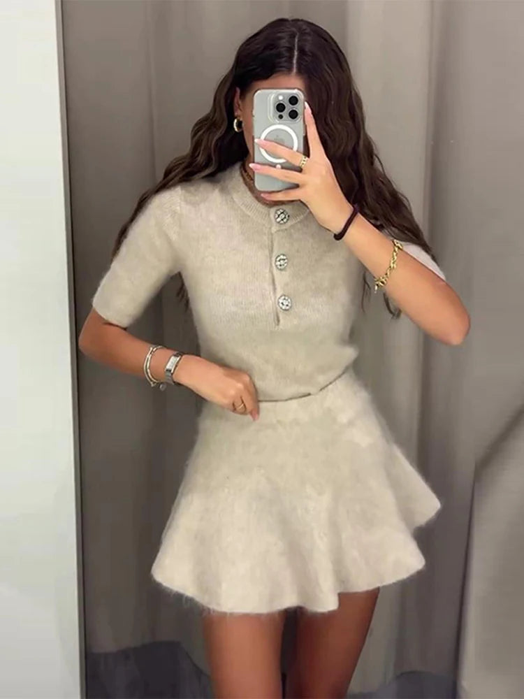 Aiertu  -  Women O Neck Button Wool Sweater Suit Casual High Waist Knitted Mini Skirts Set Fashion Autumn Winter Lady Commuting Outfit Aiertu