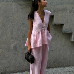 Aiertu  -  Pink V Neck Vest Two-piece Set Women Summer Single Breasted Sleeveless Waistcoat+Trouser Elegant Fashion Casual Pants Sets New Aiertu