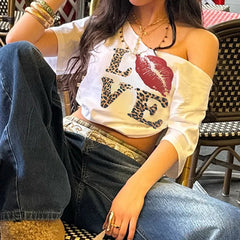 Aiertu  -  New leopard print personalized printing short-sleeved T-shirt women's street fashion off-the-shoulder pullover short casual top Aiertu