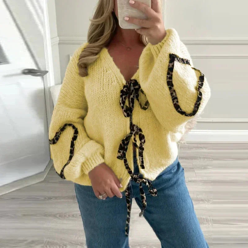 Aiertu     -  Fall Outfits 2026 Leopard Lace Up Cardigans Women Loose Long Lantern Sleeve V-neck Heart Print Patchwork Sweater 2026 Autumn Solid Female Knitwear Aiertu