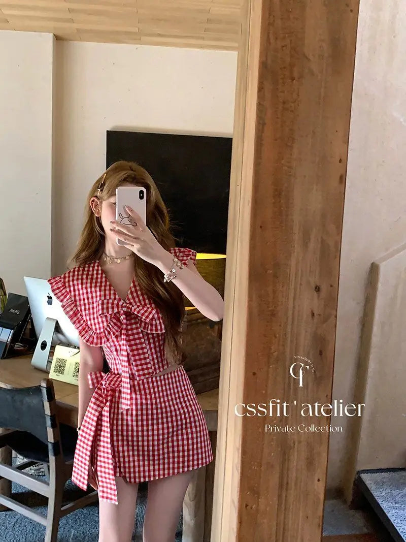 Aiertu  -  Sweet Hot Girl Suit Women's Summer Turn-down Collar Plaid Bow Top High Waist Skirt Shorts Two-piece Set Fashion Female Clothes Aiertu