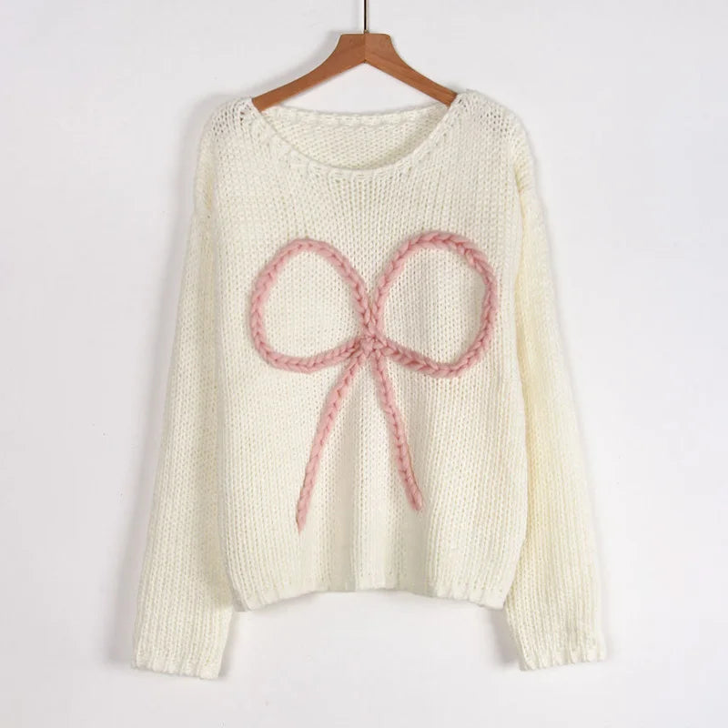 Aiertu  -  Bows Long Sleeve Knitted Sweater For Women Casual Loose O Neck Crochet Pullovers Winter New Female Splice Sweater Top Aiertu