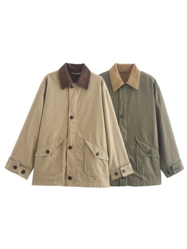 Aiertu  -  New Loose Short Windbreaker Comfortable Canvas Jecket Coat Women Autumn Winter Female Fasion Lapel Pockets High Street Outerwear Aiertu