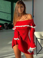 Aiertu  -  Knit Off Shoulder Sweater Dress For Women Sexy Lace Patchwork Rib Pullover Party Elegant Backless Knitwear Mini Dresses Aiertu