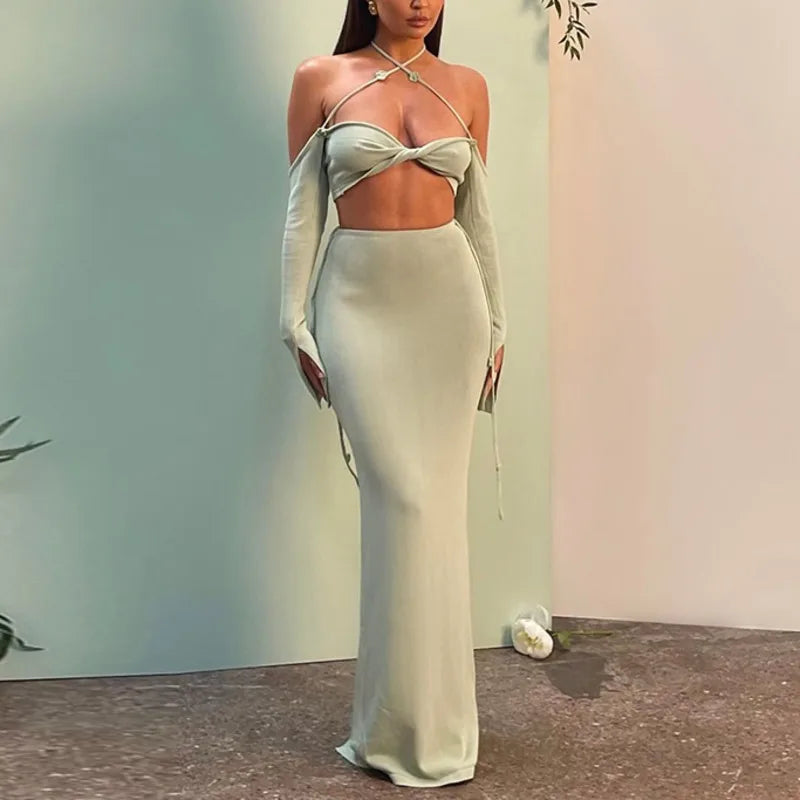 Aiertu  -  Sexy Off Shoulder Sling Bikini Long Skirts Set Woman Casual Slim Solid Lace Up Tube Tops Slit Skirt Sets Female Beach Party Suit Aiertu