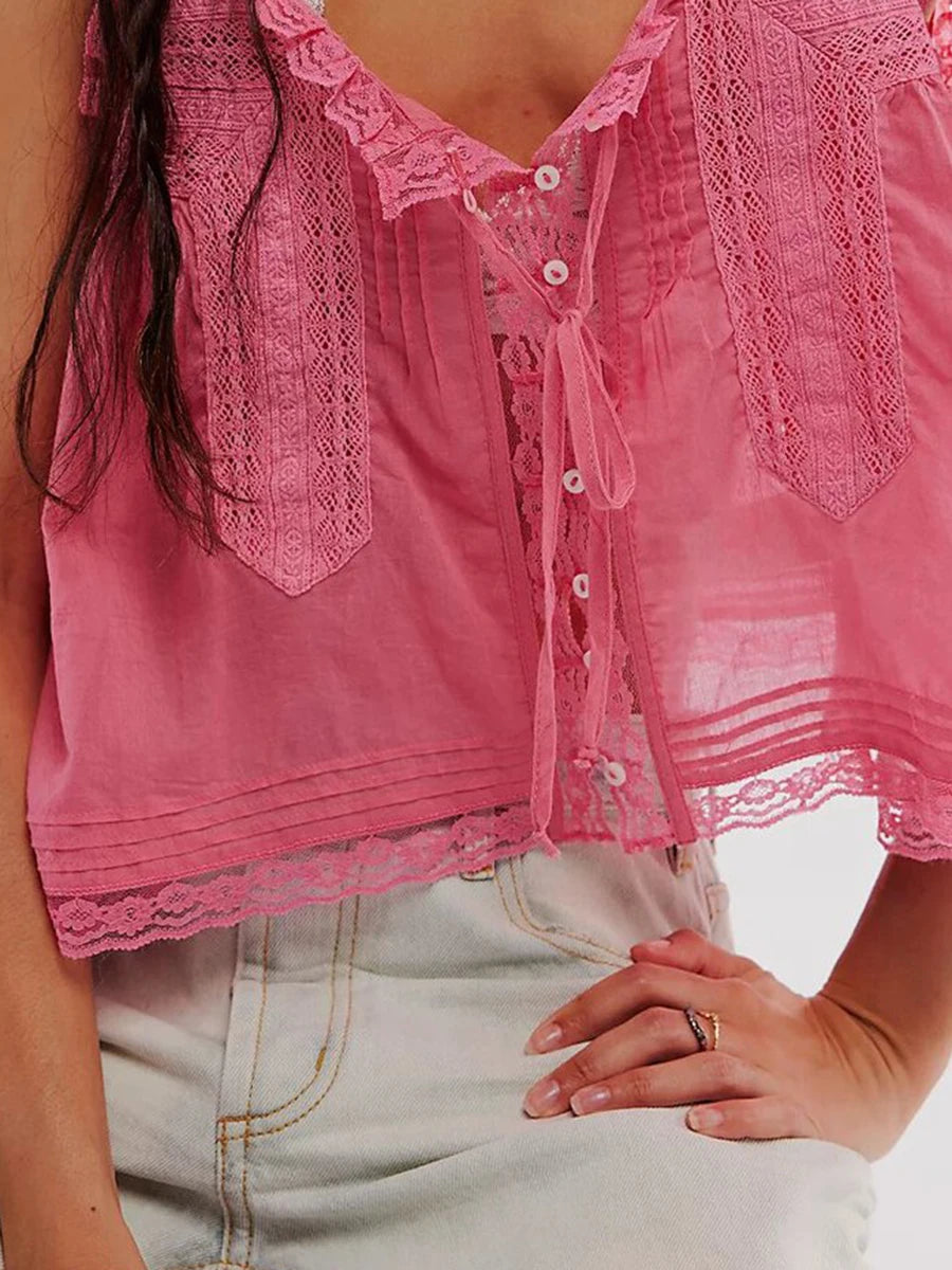 Aiertu  -  White Lace Trim Tank Top Women U Collar Single Breasted Drawstring Vest Summer Casual Fashion Hollow Out Camisole 2025 New Aiertu