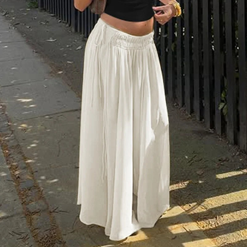 Aiertu  -  Slim Drawstring Pleated Long Skirt For Women Elastic Waist Solid Color High Waist Fashion Patchwork Female Long Skirt Aiertu