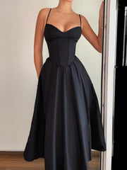 Aiertu - summer inspo Hot Sleeveless Fit And Flare Elegant Fashion Spaghetti Straps Dresses Women Black Solid Sexy Birthday Evening Party Dress Aiertu