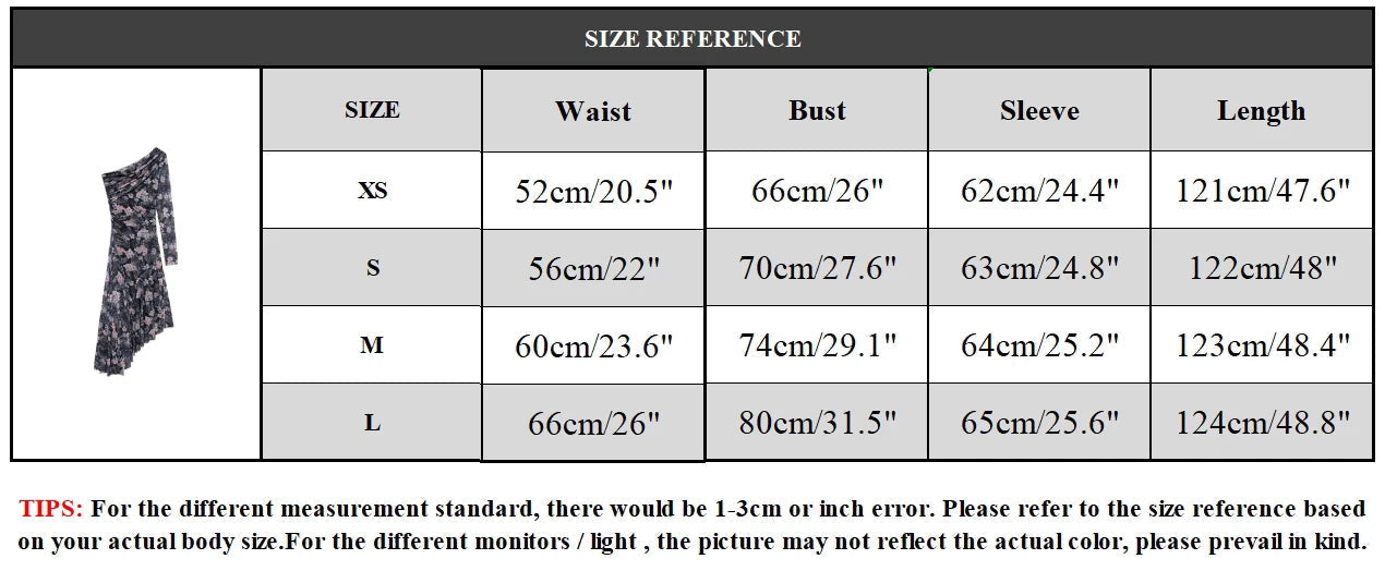 Aiertu  -  Women Fashion Printed Pleated Midi Dress Vintage Asymmetrical Neck One Shoulder Long Sleeve Female Chic Lady Dresses Aiertu