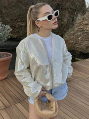 Aiertu  -  2026 O-neck Sequins Bomber Jackets for Women Autumn Fashion Zip-up Long Sleeve White Coats Streetwear Female Tops Outerwears Aiertu