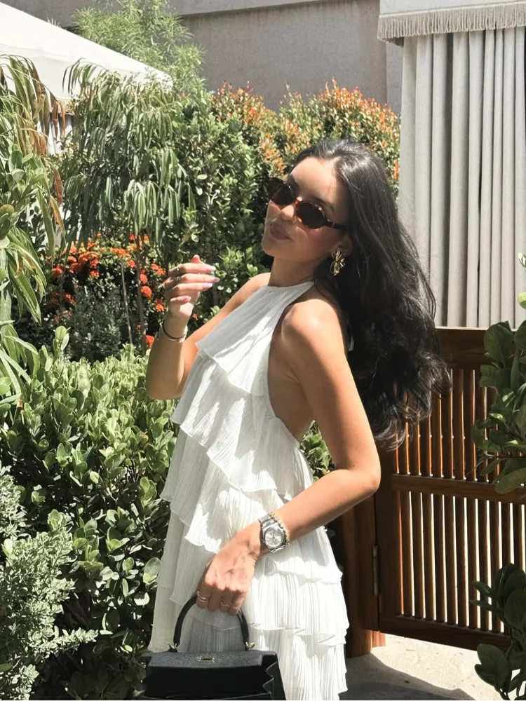 Aiertu  -  Ladies White Pleated Dress Women Sleeveless High Circle Neck Backless Layered Ruffles Mini Robe Summer Sweet Beach Party Gown Aiertu
