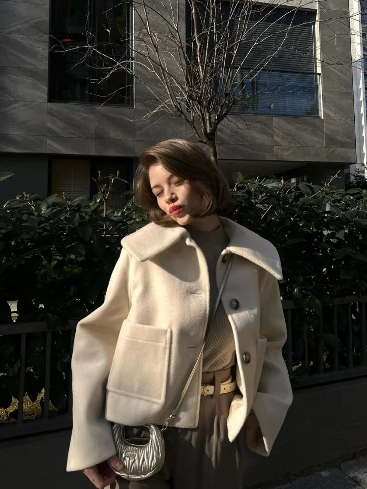 Aiertu      - 2026 Warm Lapel Long Sleeved With Pocket Crop Jacket Women's Single Breasted Casual Coat Autumn Winter Ladies Street Outerwear Aiertu
