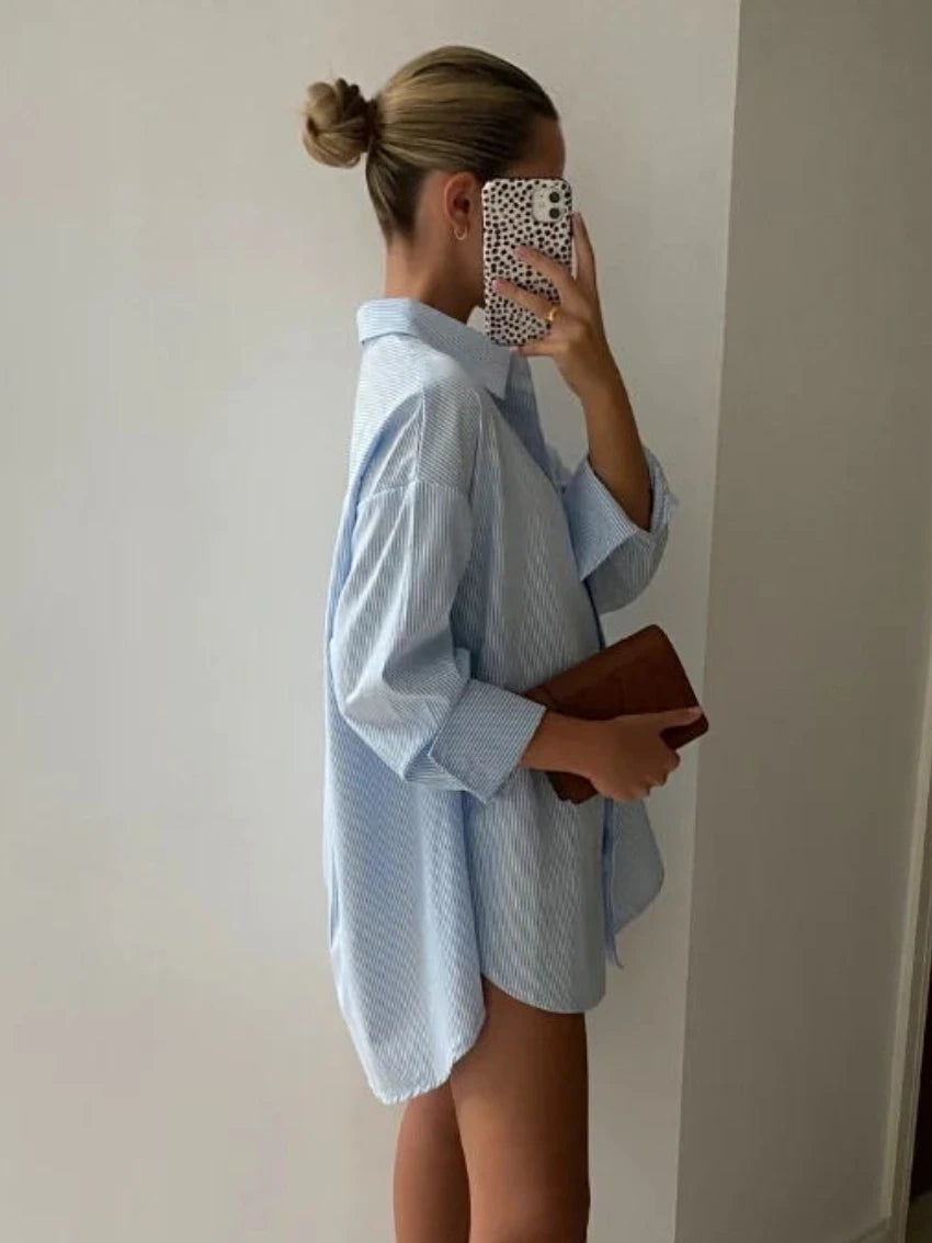Aiertu  -  Chic Striped Women Shirt Loose 100% Cotton Shirts Tops Ladies Casual Lapel Oversized Lace Up Blouse Women Tops Blouse Aiertu