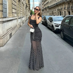 Aiertu  -  See Through Polka Dot Print Mesh Summer Dress French Style Elegant Square Neck Sleeveless Long Dresses P77-EG35 Aiertu