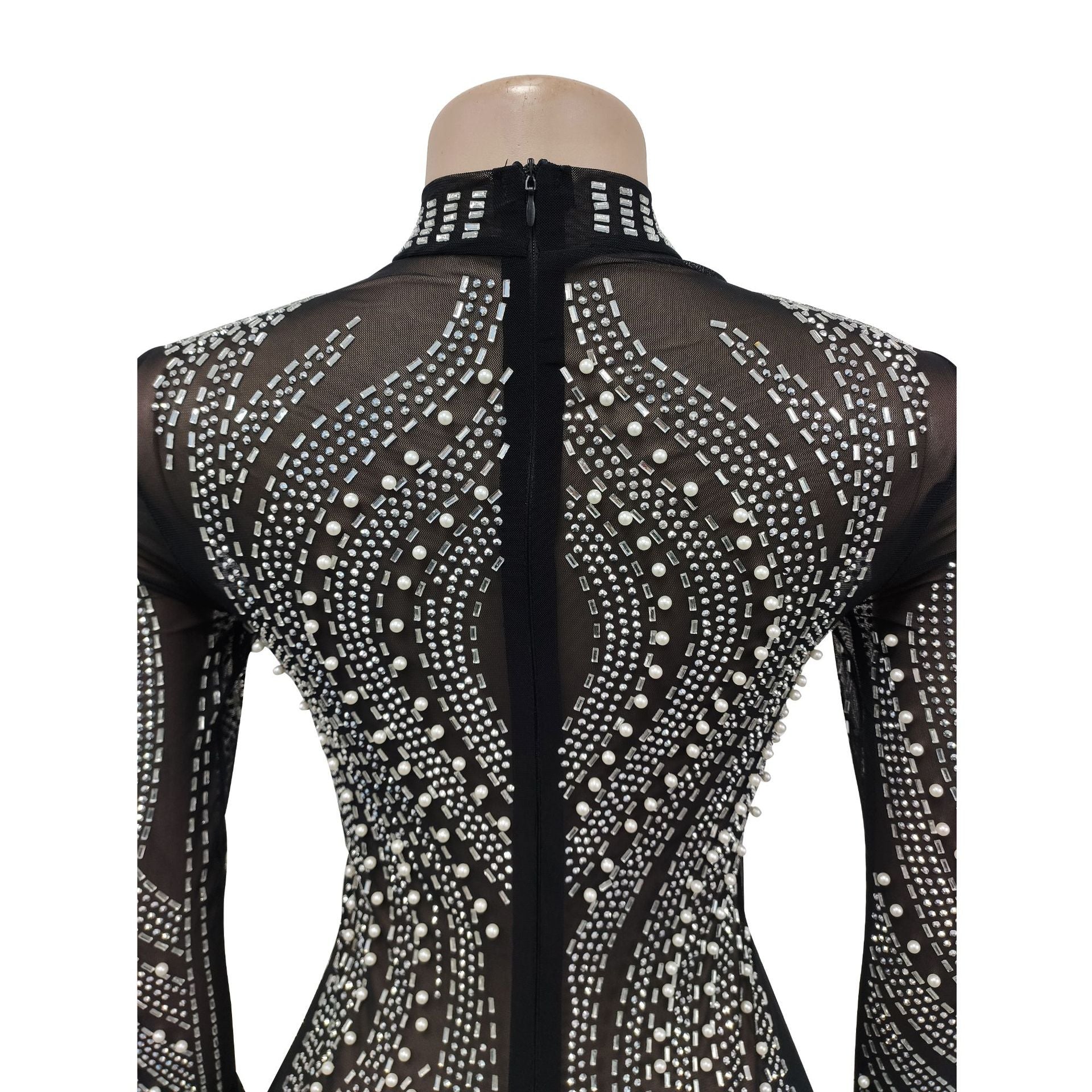 Aiertu  Woman Fashion Sexy Mesh See-through Long Sleeve Feathers Rhinestones Bodycon Party Dresses 2025  Package Hip Mini Nightclub Dress Aiertu