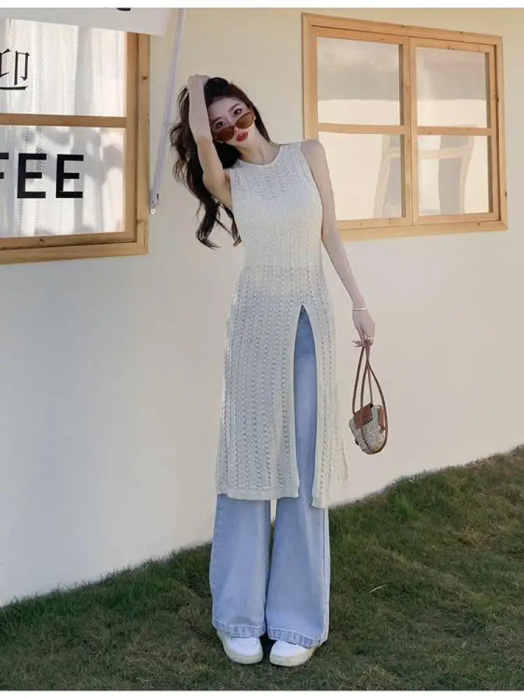 Aiertu  -  Korean Version Women Black Hollow Out Split Long Dress 2024 Summer Round Neck Sleeveless Knitted Vest Dress Casual Trendy Simple Aiertu