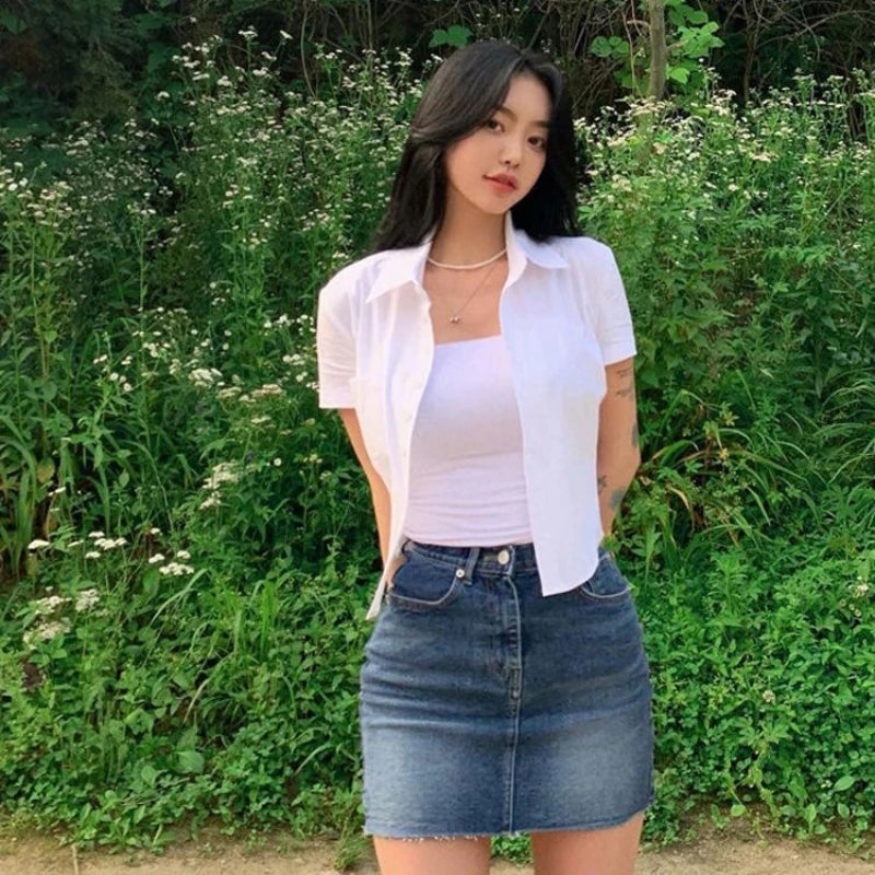 Aiertu White Basic Shirts Women Preppy Style Short Sleeve Slim Blouses Student Korean Office Lady Sexy Crop Tops Work Wear Aiertu