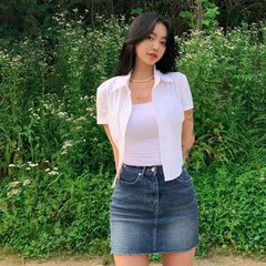 Aiertu White Basic Shirts Women Preppy Style Short Sleeve Slim Blouses Student Korean Office Lady Sexy Crop Tops Work Wear Aiertu