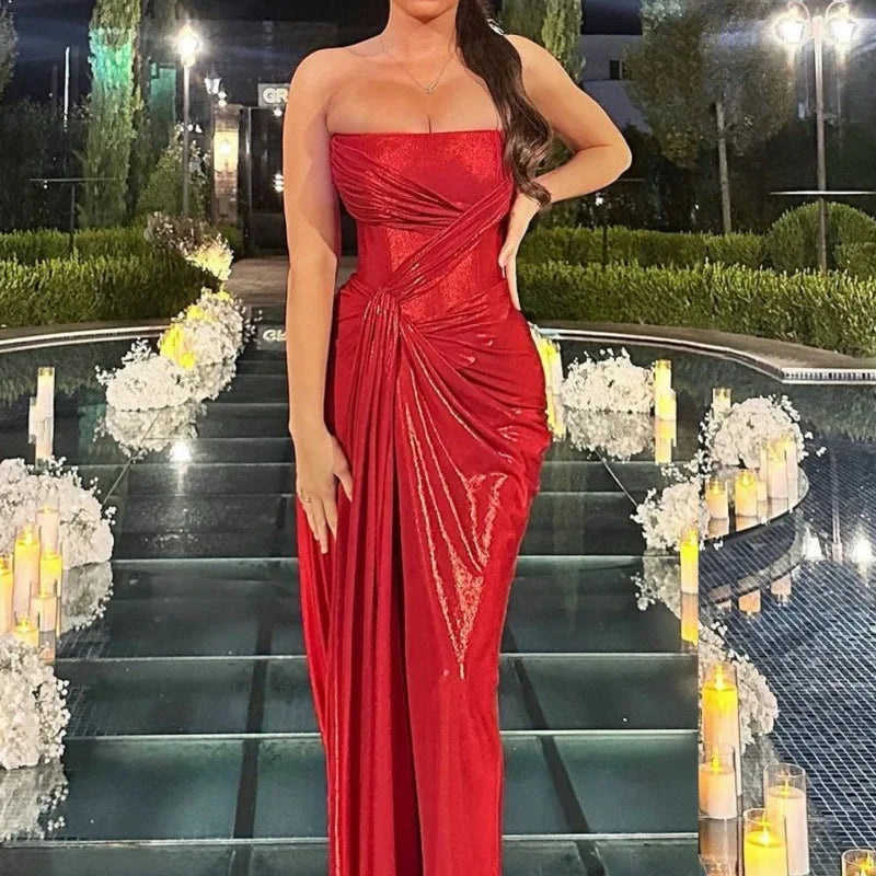 Aiertu  -  Women Sexy Metallic Shiny Strapless Ruched Maxi Evening Party Dress Elegant Sleeveless Backless 2025 Valentine's Day Long Robe Aiertu
