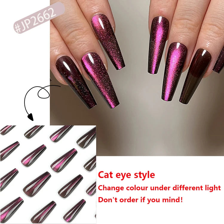 Aiertu Cat Eye Long Ballet Fake Nail Glitter Powder Raspberry Purple Blue Wearable Full Cover Finished False Art Nail Tip Press on Nail Aiertu