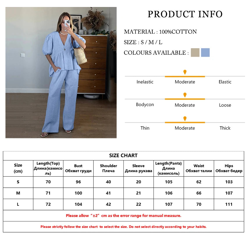 Aiertu  Cotton Loose Female Pajama 2 Piece Suit Short Sleeve Nightgown Sexy V-Neck Sleepwear Pants Casual Women Nightwear Set Aiertu
