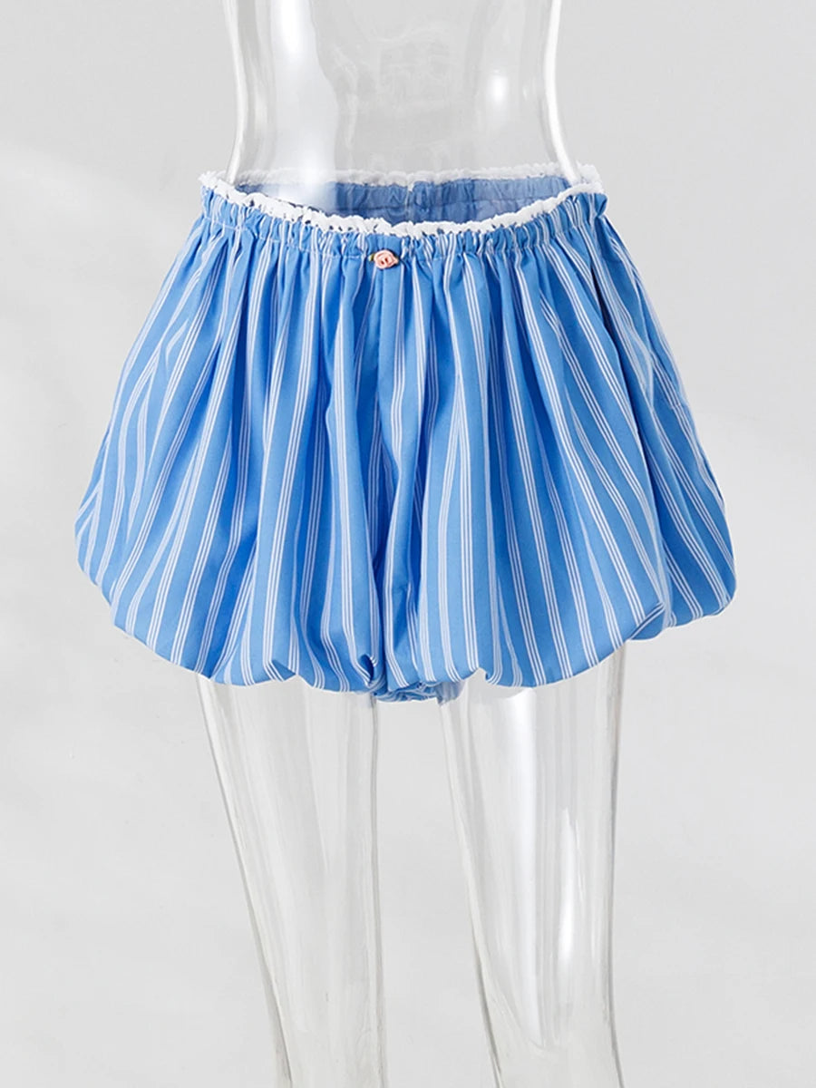 Aiertu  -  Blue Striped Casual Shorts Women Summer Flower Elastic Mid Waist Short Pants Streetwear Fashion Simple Mini Shorts 2026 New Aiertu