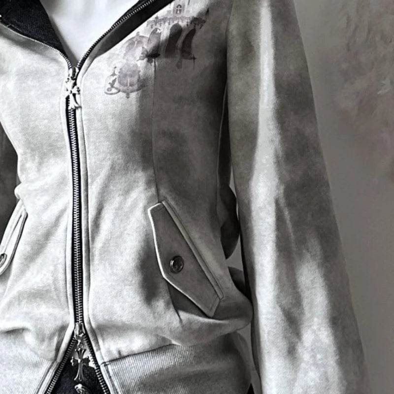 Aiertu  -  Y2k Aesthetic Vintage Printing Pocket Hoodies Gothic Fairy Grunge Hooded Jackets Autumn Women Double Zippers Punk Sweatshirt Aiertu