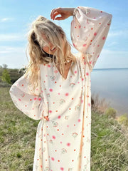 Aiertu  -  New 2026 Autumn Women's V-neck Long Sleeve Floral Print Beach Dress Female Casual Loose Chiffon Long Vacation Dresses with Belt Aiertu