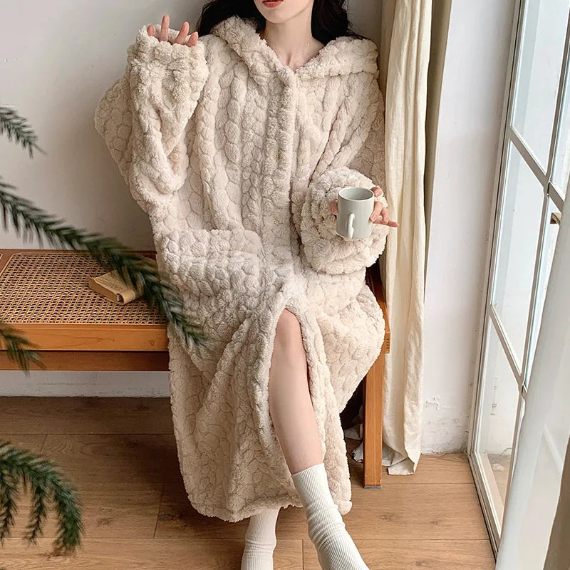 Aiertu  -  New Cute Womens Plush Soft Robe Fluffy Long Warm Fleece Bathrobe Winter Girls Sweet Fleece Robe Sleepwear Plush Thick Nightgown Aiertu