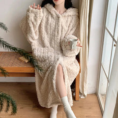 Aiertu  -  New Cute Womens Plush Soft Robe Fluffy Long Warm Fleece Bathrobe Winter Girls Sweet Fleece Robe Sleepwear Plush Thick Nightgown Aiertu