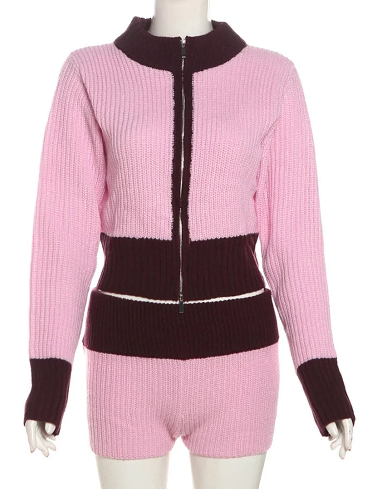 Aiertu  -   Knitted 2 Piece Sets Women Tracksuit Long Sleeve Zipper Sweater Crop Top Shorts Contrast Color Stretch Slim Matching Suit Aiertu