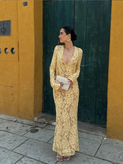 Aiertu  -  Sexy Yellow Deep-v Neck Long Dress Women Chic Long Sleeve Skinny Mermaid Dresses 2026 Autumn New Ladies Party Club Evening Robes Aiertu