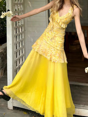 Aiertu  Holiday Style Yellow Flora Prints Women Dress Summer Fashion Design Irregular Ruffles V-Neck Short Frock Aiertu