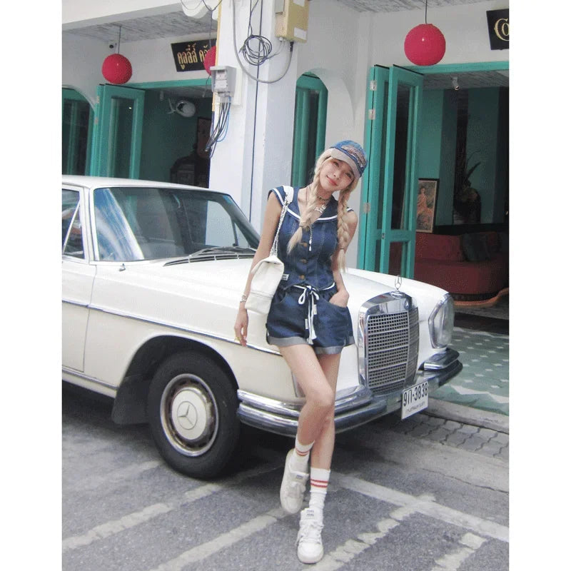 Aiertu  -  Sweet Hot Girl Denim Suit Women's Summer Sailor Collar Sleeveless Top Loose Wide Leg Shorts Two-piece Set Fashion Female Clothes Aiertu
