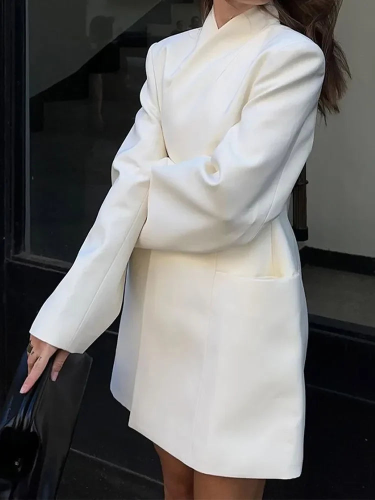 Aiertu  -  Women Fashion Solid Stand Collar Long Coat With Shoulder Pads Elegant Full Sleeves High Waist Coats Chic Lady Street Overcoat Aiertu