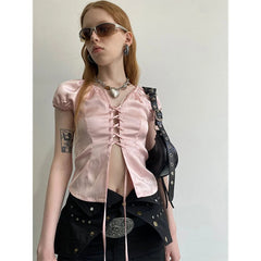 Aiertu Y2K Cropped Pink Shirts Women Sexy Hollow Out Bandage Blouses Summer Korean Aesthetic Fashion Short Sleeve Slim Tops New Aiertu