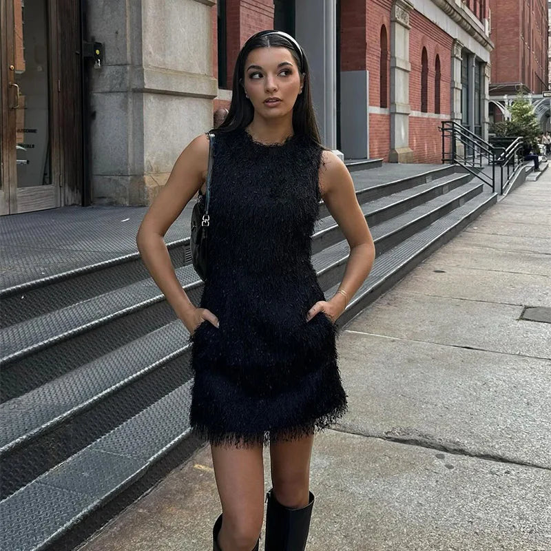 Aiertu  -  Vintage Fluffy Women Short Dress Fashion O Neck Sleeveless Slim Female Mini Dress 2025 Spring New Lady Club Party Tank Vestidos Aiertu