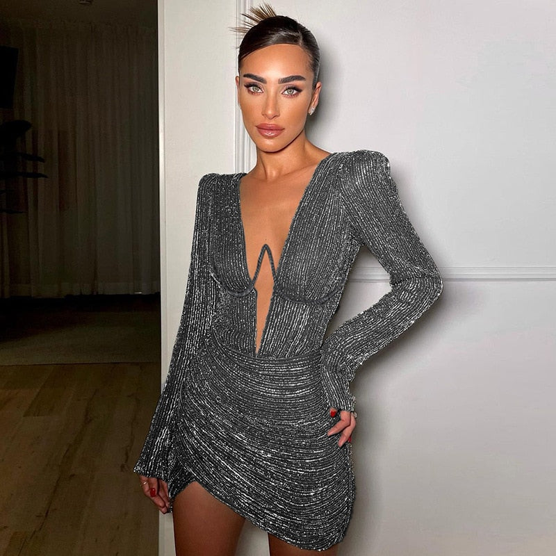 Aiertu  Long Sleeve Party Dresses Mini Sexy Evening Night Dress Bodycon Glitter Dress V Neck Autumn Summer Dresses for Women Aiertu